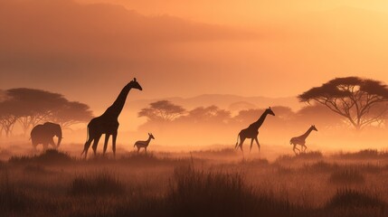 Majestic Giraffes and Elephants Silhouetted Against a Serene Sunset in the African Savanna