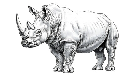 Fototapeta premium Full Body Rhinoceros Pencil Drawing in Side View Standing Pose Black and White