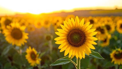 Fototapeta premium Golden sunflower field at sunset
