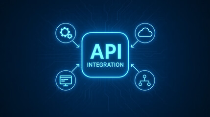 Fototapeta premium API integration digital concept with glowing blue icon and connected symbols of computer cloud gear and network system on dark background representing technology and data flow