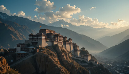 Picturesque view of a fortress perched on a mountain in Bhutan, under a bright sky.