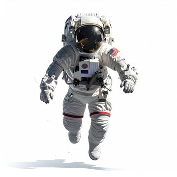 Astronaut in a spacesuit floats weightlessly. Clear visor reflects a starscape, against a pure white background, implying space travel