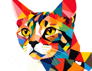 Playful Cartoon Cat Made of Multicolor Geometric Fragments, Abstract Digital Art, isolated on transparent background PNG