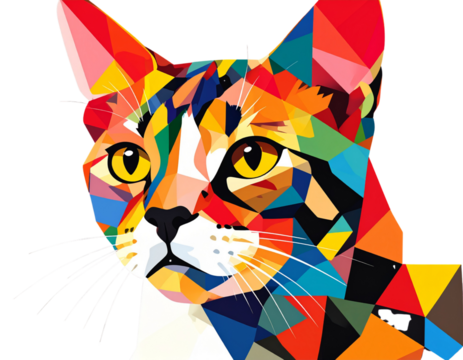 Playful Cartoon Cat Made of Multicolor Geometric Fragments, Abstract Digital Art, isolated on transparent background PNG