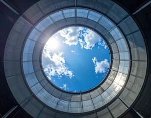 Looking up through a cylindrical structure reveals a bright blue sky dotted with fluffy white clouds and the sun's gentle rays