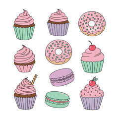 Pink frosted cupcakes donuts and macarons with sprinkles and cherries pink frosting