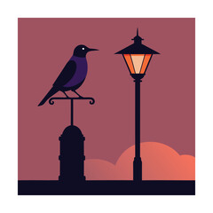 Bird on a Lamp Post at Dusk Keywords: bird, crow, raven, perched, lamp post, street light, dusk