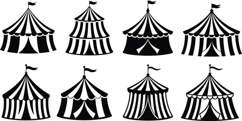 Black and white circus tent vector illustration set, carnival marquee silhouette icons, festival fair pavilion graphic design, retro amusement style