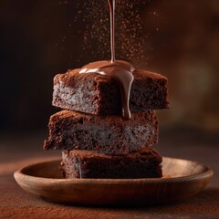 Delicious moist chocolate brownies stacked on a wooden plate with melting chocolate sauce pou over the top, rich textured dessert, close-up shot