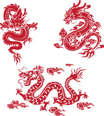 Traditional Chinese dragon paper cut style vector set featuring intricate cultural designs.