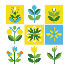 Nine stylized floral icons in yellow blue and green on white background flower plant
