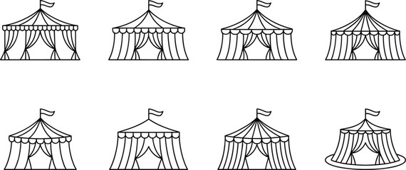 Circus tent silhouette set, carnival festival pavilion icons, big top fairground structure, entertainment show marquee design, vector illustration collection