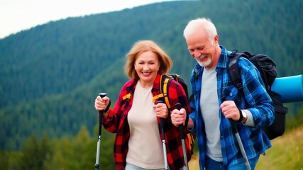 Happy senior couple hiking in mountains - Powered by Adobe