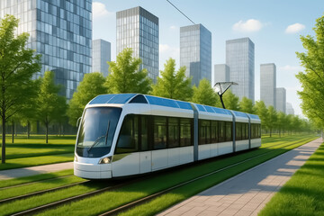 Naklejka premium Sustainable Public Transportation Modern tram glides through urban landscape, surrounded by green trees and towering buildings under a clear blue sky.