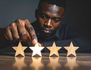 Dark-skinned man selects a bright wooden star from a row of four on a reflective surface, creating a focal point