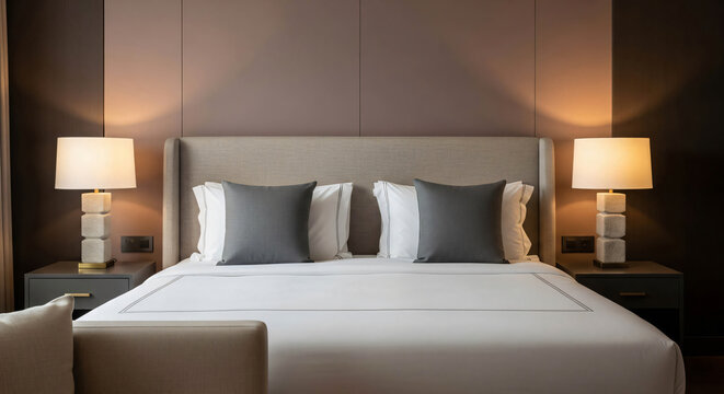 Luxurious hotel bedroom suite with a king size bed elegant decor and bedside lamps perfect for travel and accommodation concepts