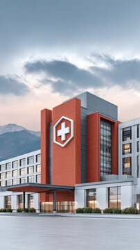 Modern hospital building with medical cross sign and mountain