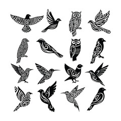 Collection of black tribal style birds and owls on white background eagle dove