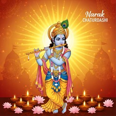 Fototapeta premium Lord krishna playing flute surrounded by diyas and flowers for narak chaturdashi festival