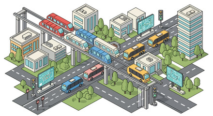 Isometric Cityscape with Modern Transportation Systems and Urban Infrastructure.