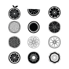 Collection of black and white stylized fruit slices and circular patterns citrus orange