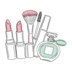 Two pink lipsticks a makeup brush mascara and a perfume bottle illustration beauty cosmetics