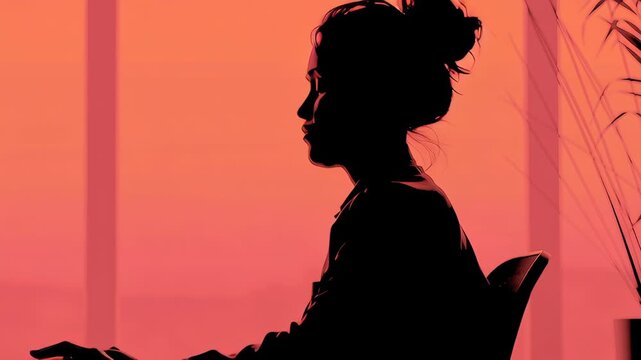 Silhouette woman in office chair by window at sunset with good posture focused female typing on laptop, chin tuck neck back wellness stretching