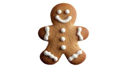 A happy gingerbread man stands tall with a delightful smile and adorned with charming details, bringing festive cheer to any occasion. Isolated On Transparent and White Background