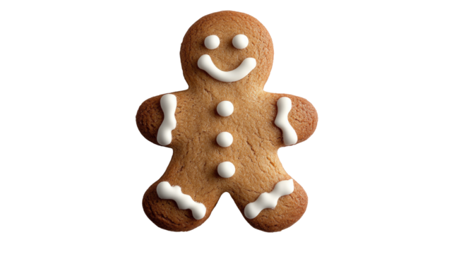 A happy gingerbread man stands tall with a delightful smile and adorned with charming details, bringing festive cheer to any occasion. Isolated On Transparent and White Background