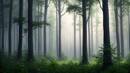 Misty Forest Landscape with Tall Trees and Lush Greenery in Morning