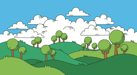 Fototapeta premium Lush green hills with scattered trees under a blue sky with fluffy clouds.