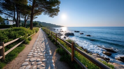 Scenic Coastal Path with Stone Pavement Wooden Railing and Sparkling Blue Ocean Under Bright Sunlight on Summer Day Near Lush Green Vegetation