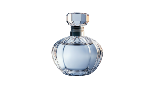 elegant glass perfume bottle, holding the essence of fragrance, rests. Capturing the refinement and allure of a luxurious scent. Isolated On Transparent and White Background