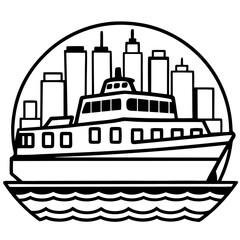 Obraz premium A colorful vector illustration of a cartoon cruise ship sailing on the ocean waves under a summer sky