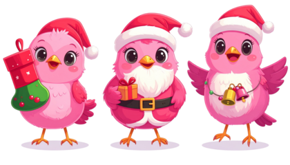 Three playful cartoon pink bird designs isolated on transparent background