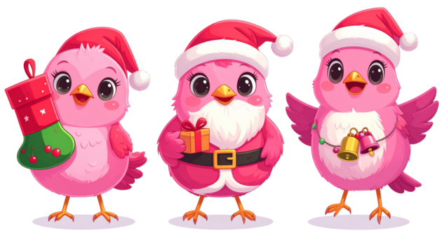 Three playful cartoon pink bird designs isolated on transparent background - Powered by Adobe