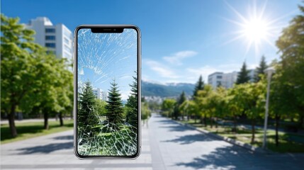 Smartphone Repair Close Up with Digital Glitch Effect in Cityscape Setting, Black Device Frame, Sunny Sky, Green Trees, High Dynamic Range, Cinematic Style