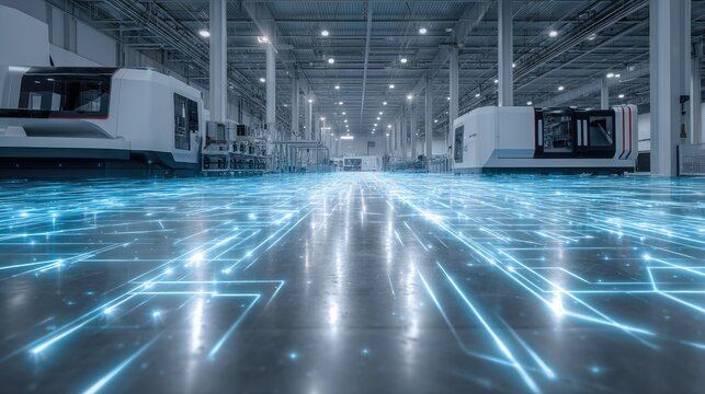 Modern industrial manufacturing workshop with CNC machines and glowing blue network grid lines creating futuristic technology atmosphere in spacious factory building with gray walls.