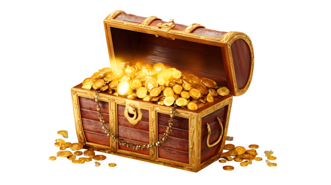 Open treasure chest with gold coins, isolated on transparent background