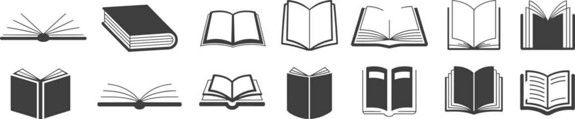 Book icons, open books, closed books, stylized pages, spine curves, reading graphics, literature symbols, education visuals, minimal design, study elements