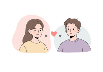 Young couple with smiles in a flat vector design expressing love  