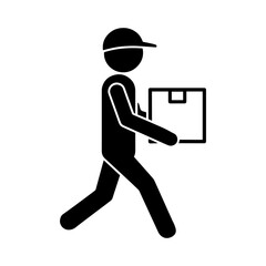 Delivery man stickman icon. Courier with cap carrying package box. Logistic worker, shipping service, e-commerce parcel, transport, cargo, warehouse, supply chain, online shop and distribution symbol.