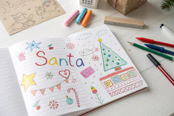 Child's notebook showing "Santa" text with colorful Christmas doodles, trees, stars, hearts, candy canes, creative holiday artwork displayed.