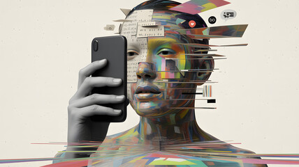Abstract portrait of person using smartphone with digital distortion and social media icons