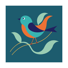 Fototapeta premium Teal and orange bird sitting on a branch with leaves