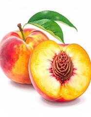 Two peaches against a white background One whole, with green leaves, and one cut open, revealing its pit