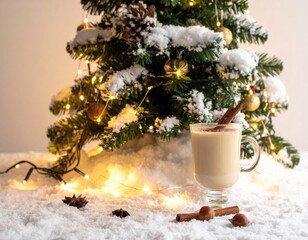 AI-Generated Christmas Magic: Festive Eggnog and Beautiful Christmas Tree Holiday Scene”