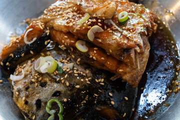 salmon braised with soy sauce and vegetable