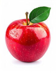A vibrant, ripe red apple stands tall against a clean white background, complete with a brown stem and a single, glossy green leaf