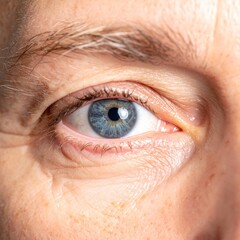 A close-up showcases a detailed blue human eye with surrounding skin displaying fine wrinkles, accented by a light eyebrow with sparse hairs